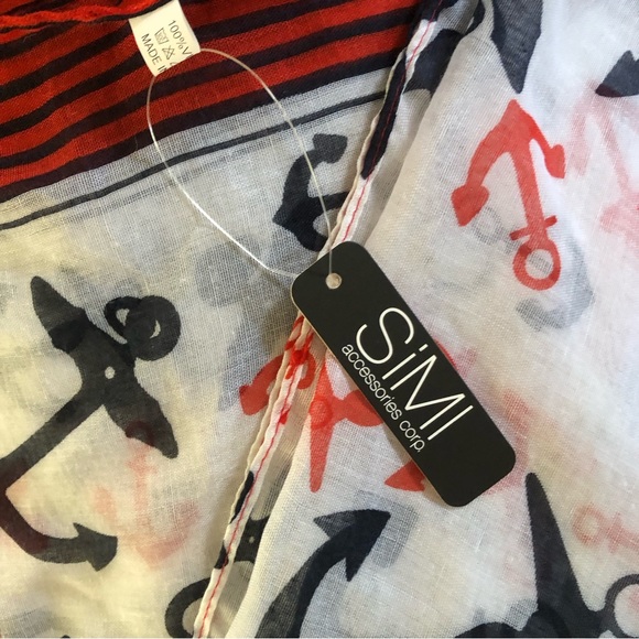 Nautical scarf with black and red anchors with black and red stripes on the edge - Picture 3 of 6